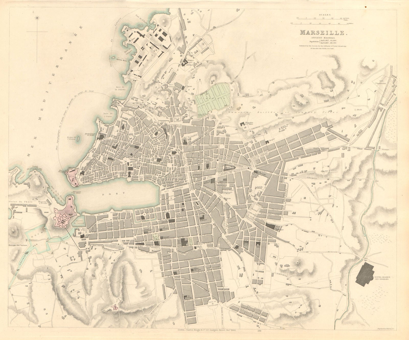 MARSEILLE. Antique town city map. Ancient Massilia. Marseilles. SDUK 1847